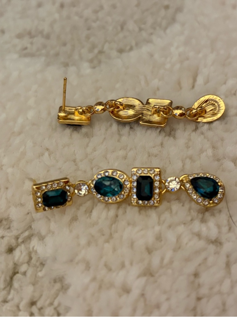 Emerald Green Statement Drop Earrings Gold Rhinestone Glam - Picture 12 of 12
